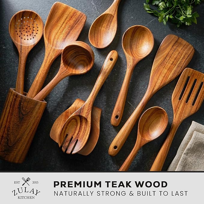 Zulay Kitchen 10-Piece Wooden Spoons for Cooking - Smooth Finish Teak Wooden Utensils for Cooking - Soft Comfort-Grip Wood Spoons for Cooking - Non-Stick Wooden Cooking Utensils - Wooden Spoon Sets - Image 2