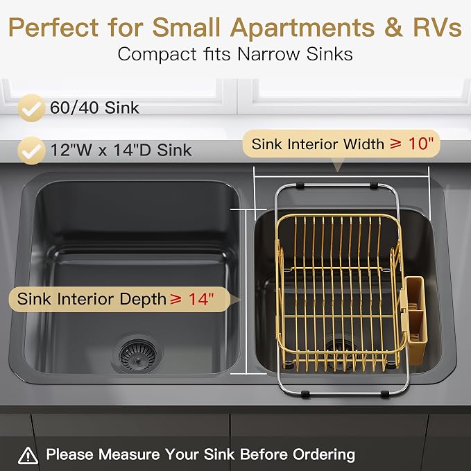 JASIWAY Gold Dish Drying Rack in Sink with Utensil Holder, RV, Apartment | Over Sink Expandable Stainless Steel Dish Drainers for Compact Kitchen, Space Saving, Fast Drain, Rustproof, For 1-2 people - Image 3