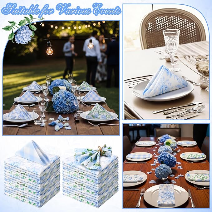 12 Pcs Floral Cloth Napkins 6 Patterns Washable Dinner Tea Party Napkins Reusable Plant Flowers Square Napkin Cotton Towel Decorative for Summer Wildflower Party(Blue Hydrangea) - Image 6