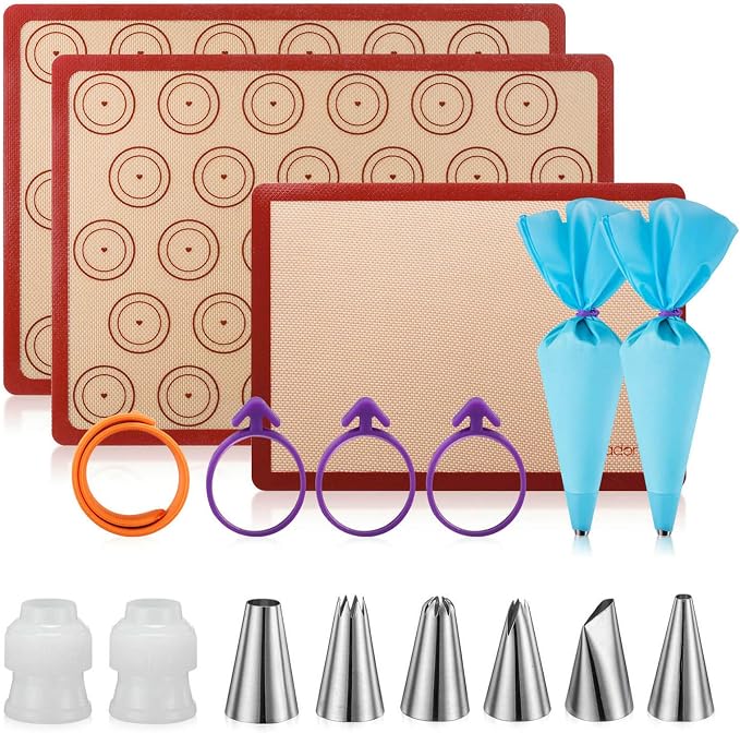 Macaron silicone baking mats - Macaroon Baking suppliers 1 Quarter Sheet + 2 Half Sheet Macaron Baking Mat,Macaron Baking Sheet,2 Piping Pastry Bag with Bag Tie,6 Piping Tips by Angadona