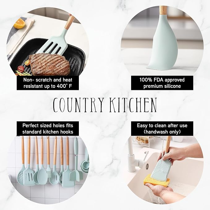 Country Kitchen Non Stick Silicone Utensil Set with Rounded Wood Handles for Cooking and Baking, 38 Piece Set, Mint - Image 2