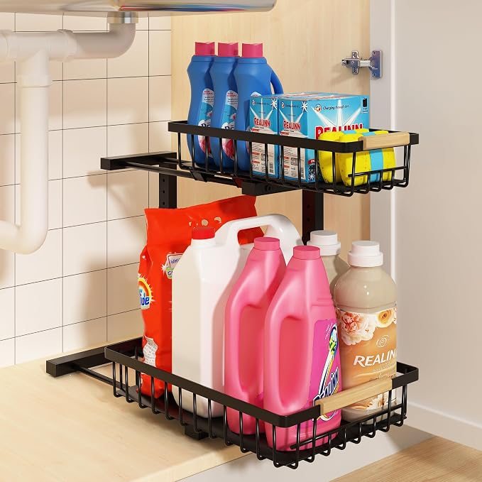 Under Sink Organizer, Adjustable 2 Tier Pull Out Kitchen Bathroom | cabinet organizer, 5 level adjustable, quiet sliding rails, dual suction and nano tape, no drill, rust resistant holds 50 lbs by REALINN