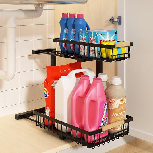 Under Sink Organizer, Adjustable 2 Tier Pull Out Kitchen Bathroom | cabinet organizer, 5 level adjustable, quiet sliding rails, dual suction and nano tape, no drill, rust resistant holds 50 lbs by REALINN