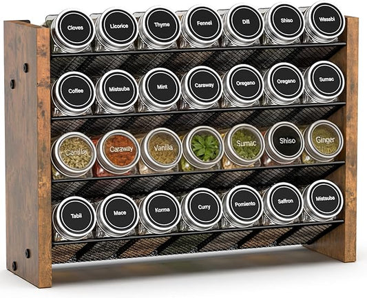 NESAPTO Spice Rack Organizer for Cabinet, Wood 4-Tier Vertical Seasoning Organizer, Wall Mount or Countertop Spice Shelf, Holds 28 Jars (No Jars Included), 14" W x 9.4" H by NESAPTO