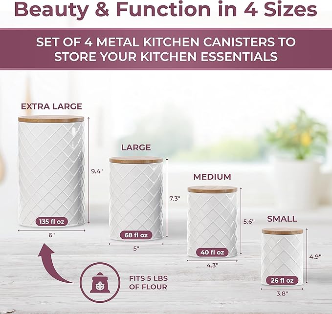 Pebble & Stem® White Metal Canister Set for the Kitchen Counter, Food Canister Set of 4, Airtight Lids, Sugar and Flour Containers for Countertops, Coffee and Tea Storage, Farmhouse Decor - Image 3