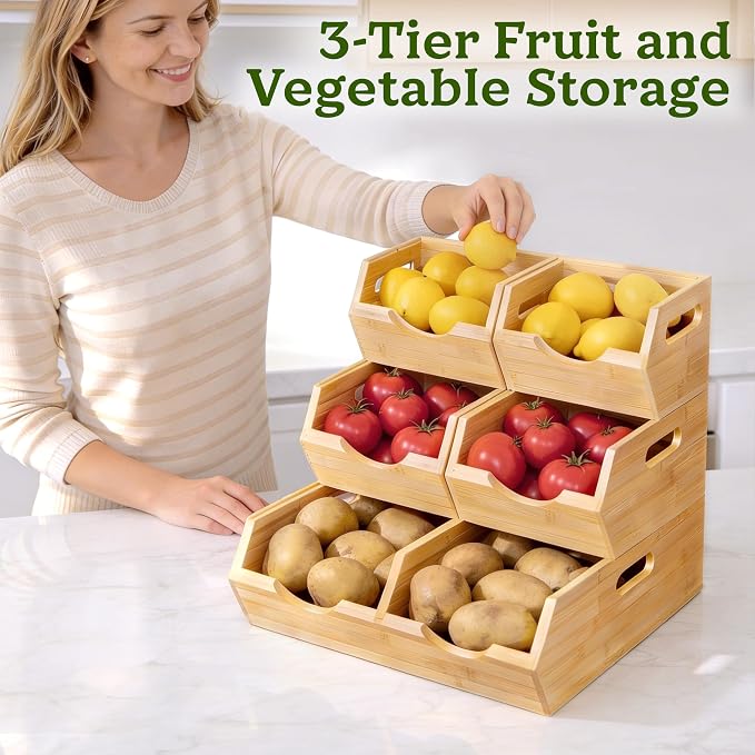 HOMESTEAD 3-Tier Bamboo Pantry Storage Bins – Stackable Potato & Onion Storage Bin with Handles, Fruit Basket & Produce Organizer for Kitchen Countertop, Pantry Organization, Set of 5 - Image 3