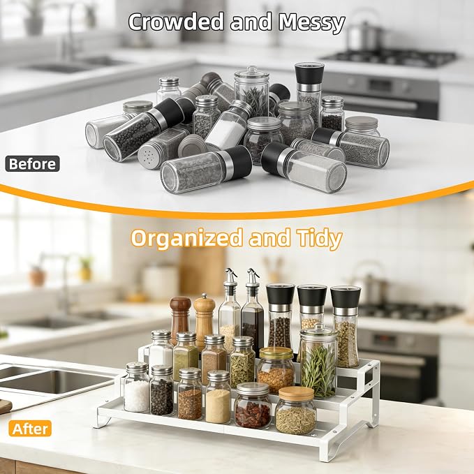 2 Pack Spice Rack Organizer for Cabinet, 13-21.5" Expandable Spicy Shelf | 9.45" Depth 3-Tier White Metal Seasoning Organizer, Kitchen Spice Organization, Slip-Resistant Guardrails for Jars and Cans - Image 4