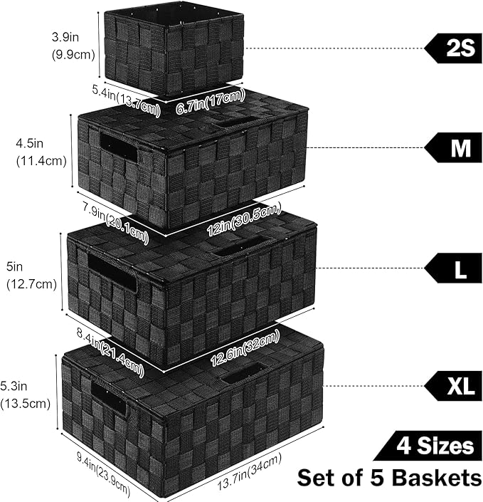 Storage Baskets with Lids: 5 Pack Stackable Woven Storage Bins, Black | Decorative Woven Baskets for Organizing with Built-In Handles for Shelves, Closets, Cabinets and Cubbies, Gift Small Basket - Image 2