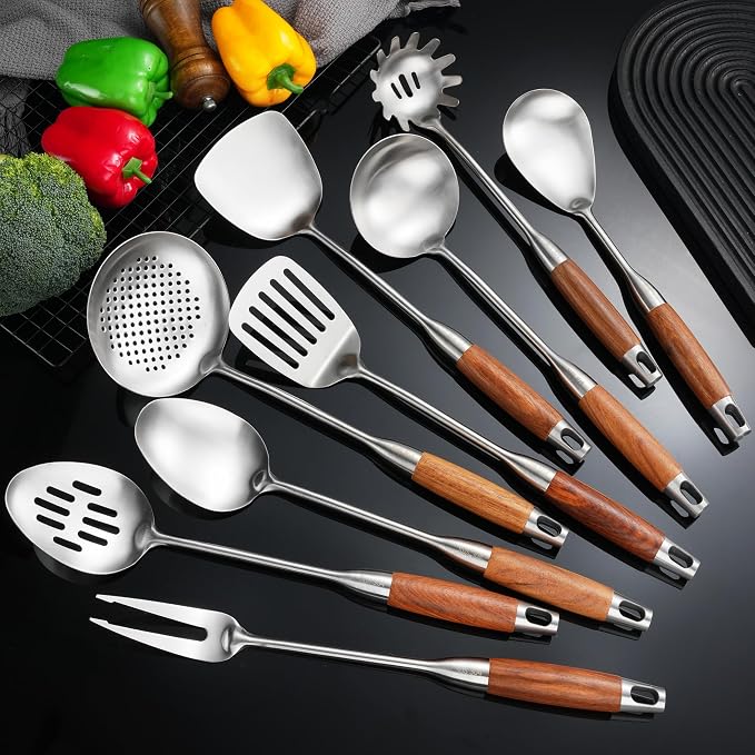 Stainless Steel Kitchen Utensils Set for Cooking Wooden Handle | Food Grade 304, Sturdy, Wooden Handle, Anti Scald, Good Weight, Well Balance, Work with Large Batches by NIITAWH