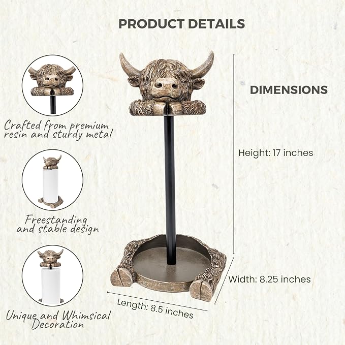 Rustic Highland Cow Paper Towel Holder - Resin Metal Farmhouse Decor Stand | Unique country-style kitchen/dining countertop organizer, adorable animal figurine display, ideal gift, fits standard rolls - Image 2