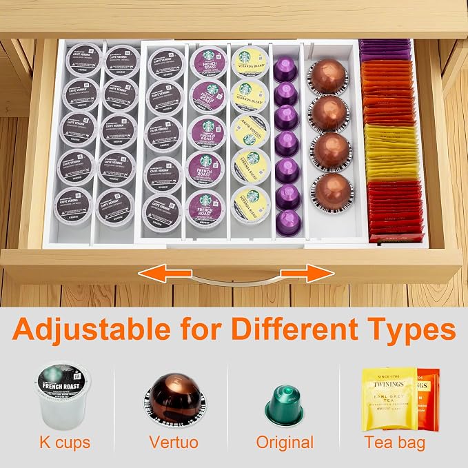 MinBoo Bamboo Drawer Organizer - Expandable K Cup & Pods Holder, Coffee Pod Storage, Tea Organizer, Versatile Kitchen Accessory Organization and Storage,White - Image 4