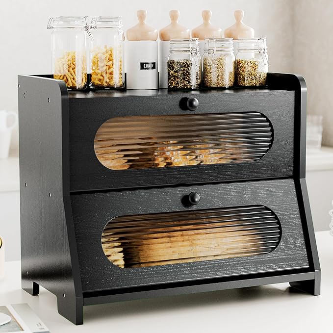Bread Box,Extra Large 2-Tier Bamboo Bread Box for Kitchen Countertop,Bread Storage Container with Magnetic Acrylic Door for Homemade Bread,Under Cabinet,Pantry Organizer(Black) by Stylstoreazy