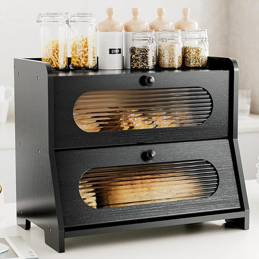 Bread Box,Extra Large 2-Tier Bamboo Bread Box for Kitchen Countertop,Bread Storage Container with Magnetic Acrylic Door for Homemade Bread,Under Cabinet,Pantry Organizer(Black) by Stylstoreazy