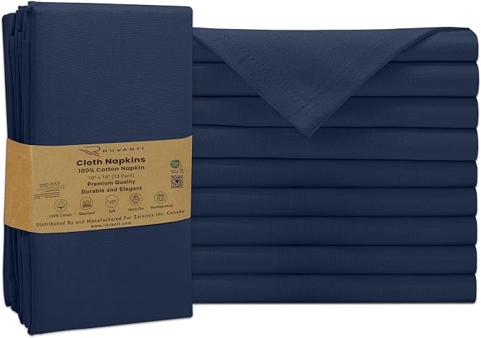 Ruvanti Cloth Napkins Set of 12, 100% Cotton High GSM 18x18 Inches Soft, Washable, Highly Durable & Absorbent, Perfect for Parties, Christmas, Thanksgiving Dinners – Pageant Blue by Ruvanti