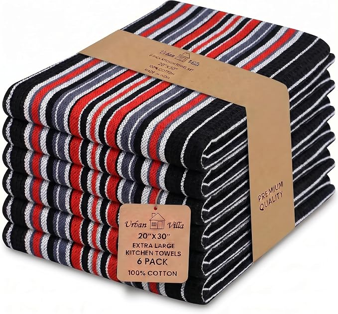 Urban Villa Kitchen Towels Cotton Dish Towels 20”x30” (Set of 6) Black by CottonTrends