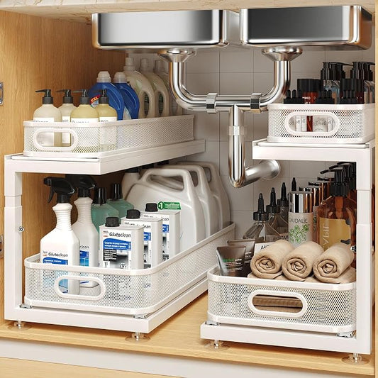2-Pack 21.3 IN Depth Under Sink Organizer With Next-Gen Ball-Bearing Slides,Sophisticated Mesh 2-Tier Pull Out Shelf for Kitchen & Bathroom,Fits Small Items-White(Patented) by UnderSinkOrganizer