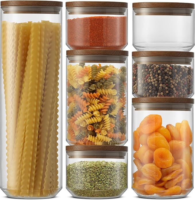 JoyJolt Holden 7-Piece Stackable Glass Storage Containers with Lids, Airtight Food Canister Set with Acacia Wood Lids, Round Stacking Pantry and Kitchen Containers for Pasta, Flour, Sugar, Coffee by JoyJolt