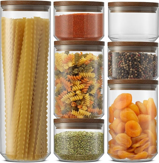 JoyJolt Holden 7-Piece Stackable Glass Storage Containers with Lids, Airtight Food Canister Set with Acacia Wood Lids, Round Stacking Pantry and Kitchen Containers for Pasta, Flour, Sugar, Coffee by JoyJolt