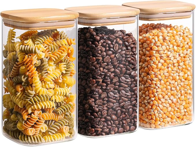 ComSaf Glass Storage Containers wtih Lids 1.4 Qt, Set of 3 Galss Jars | Glass Pantry Storage Containers, Square Kitchen Canisters, Lid with Silicone Seal, Cookie, Cereal, Coffee, 44oz, BPA Free by ComSaf