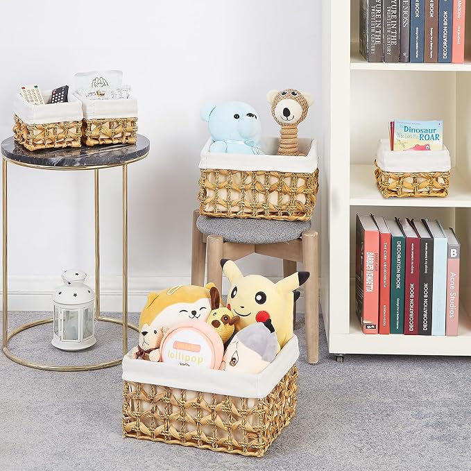 Wicker Storage Basket, Rectangular Wicker Baskets for Storage, Woven, Water Hyacinth and Seagrass Storage Baskets for Organizing, Cube Storage Bins for Closet/Clothes/Dresser, Beige, 5-Pack - Image 5