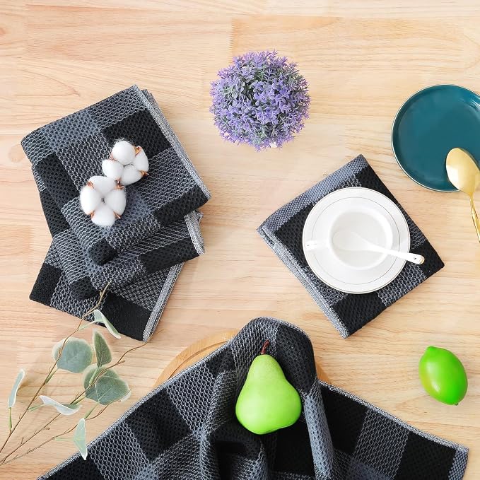 Homaxy Kitchen Towels and Dishcloths Set, Set of 12, Black & Grey | Bulk Cotton Waffle Weave Check Plaid Kitchen Towels, Super Soft and Absorbent Dish Cloths, 12 x 12 and 13 x 28 Inches - Image 7