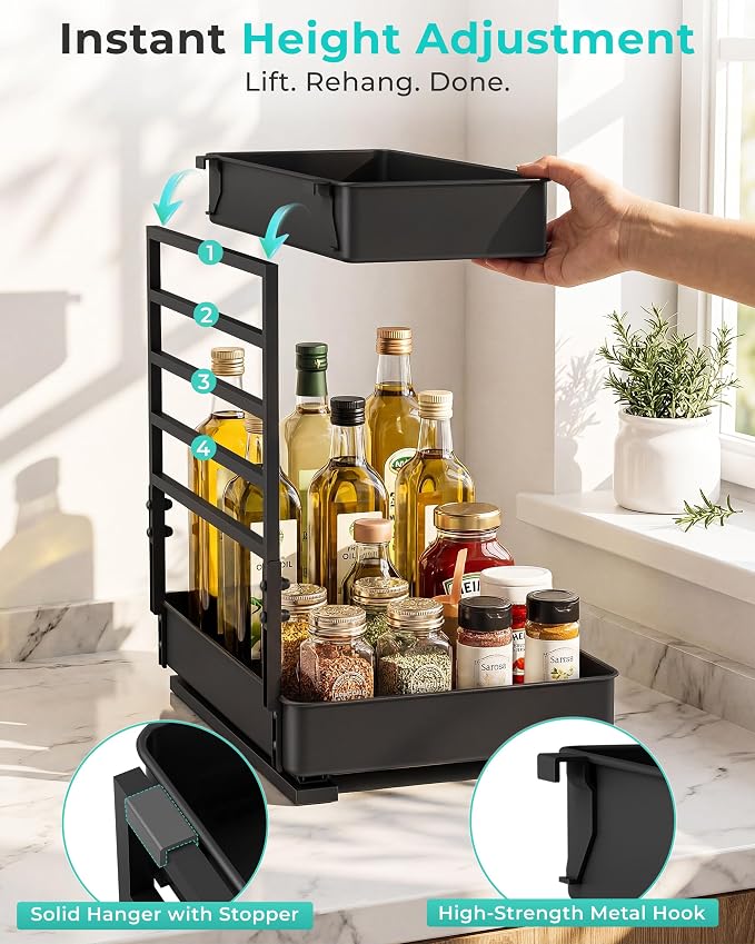 EVERIE Metal Pull Out Slide Shelf Organizer for Under Sink Organization in Kitchen, Bathroom, Counter, Cabinets, Minimum Available Space 13" Wide x 16.5" Deep (Black, 1 Set) - Image 3