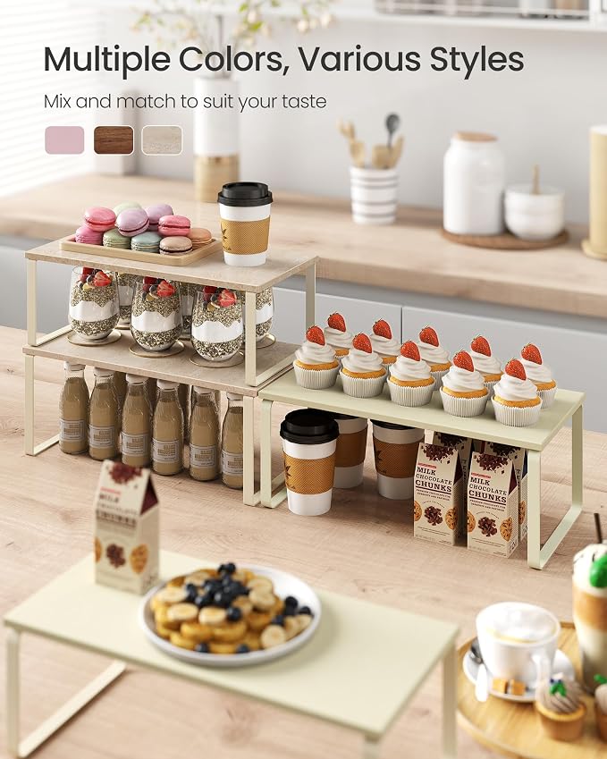 SONGMICS Cabinet Organizer Shelf, Set of 2 Kitchen Counter Shelves, Kitchen Storage, Spice Rack, Stackable, Expandable, Metal and Engineered Wood, 15.6 Inches, Beige & Cream White UKCS025L01 - Image 3