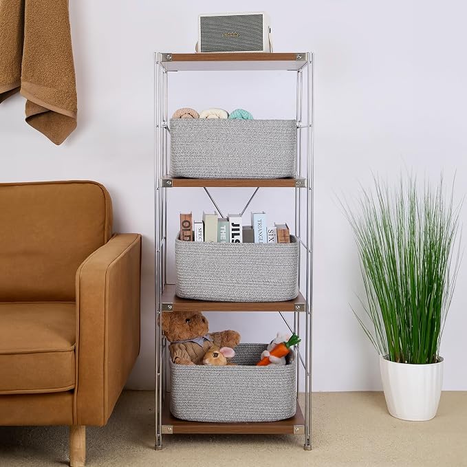 MiniArk Large Storage Baskets for Organizing, 17 x 13 x 7.5” Closet Shelf Baskets for Clothes Blanket Towels, Baby Nursery, Toy Bins Box, Woven Rope Baskets, 4 Packs Mixed Grey - Image 4