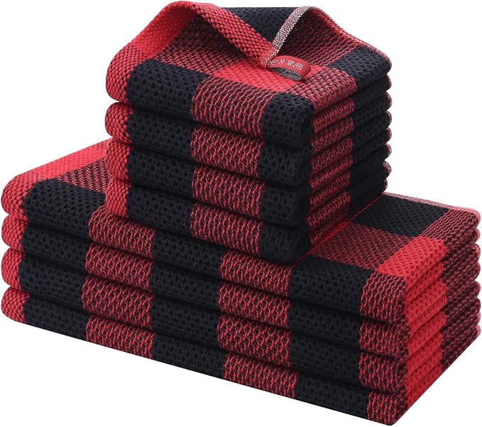 Homaxy Kitchen Towels and Dishcloths Set, Set of 8, Black & Red | Bulk Cotton Waffle Weave Check Plaid Kitchen Towels, Super Soft and Absorbent Dish Cloths, 12 x 12 and 13 x 28 Inches by Homaxy