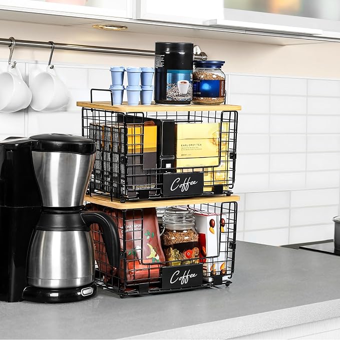 2 Set XL Stackable Wire Basket with Bamboo Tops & Tags- Pantry Organizer and Storage Bins, Kitchen Counter Cabinet Shelf Countertop Under Sink Organizing, Food Snack Produce Onion Potato Bread Storage - Image 5