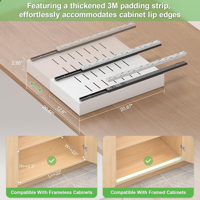 Expandable Pull-Out Cabinet Organizer - White, 21" D x Adjustable Width 12.6-20.47", No Drill Adhesive Installation with 3-Slide Rails for Kitchen Storage (2 Pack) - Image 2