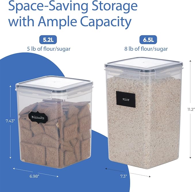 Chef's Path Large Airtight Food Storage Containers with Lids, Pack of 6, 3pcs 6.5L and 3pcs 5.2L, Kitchen and Pantry Canisters for Sugar, Flour, and Baking Supplies - Transparent - Image 2