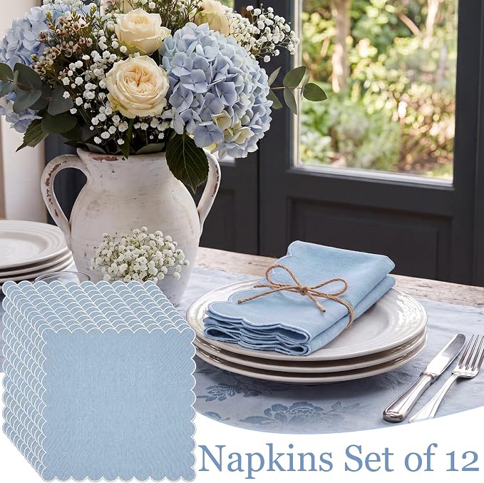 SmoothNovelty 12 Pack Buffalo Plaid Cloth Napkins 18x18 Inch Checkered Cloth Napkins Scalloped Soft Cotton Table Mat Washable Reusable for Dinner Wedding Holiday Birthday Parties (Cute,Gray-Blue) - Image 7