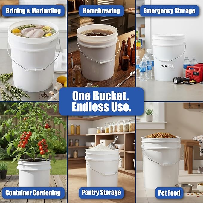 5 Gallon Bucket - Food Grade w/Lid BPA-Free,60 Pack - White | Airtight Gasketed Tear Strip Lid, Heavy-Duty 90 Mil HDPE Plastic Pail, Bulk Storage, Food Safe Durable Container, Made in USA - Image 3