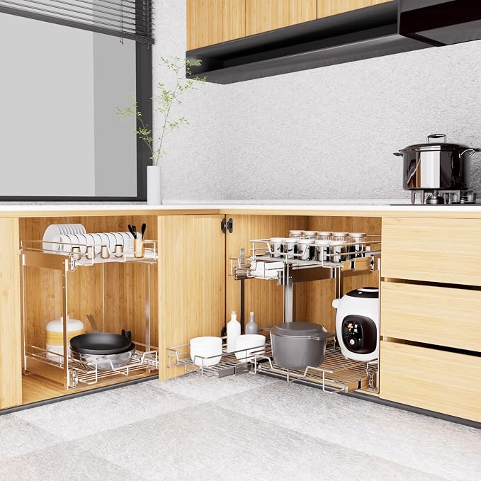 EZKAZA Pull Out Cabinet Organizer 14.5" W x 21" D, 2-Tier Kitchen Cabinet Pullout Shelf and Drawer Organizer Slide Out Pantry Storage Basket, 12.2" W x 21" D x 2.4" H for Bottom Basket Size - Image 2