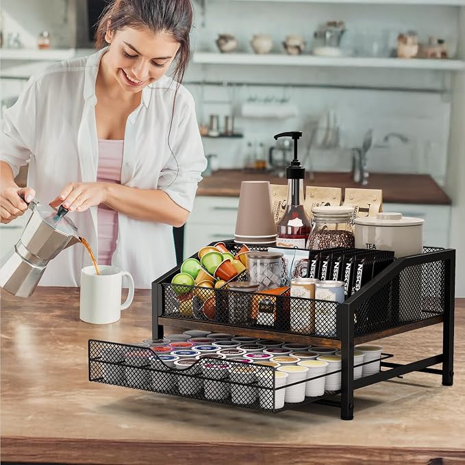 Coffee Bar Organizer - Coffee Station for Countertop, Metal and Wood K Cup holder Storage Basket with Drawer for Syrup, Cups, Stirrer, Condiment, Tea Organizer, Brown - Image 7