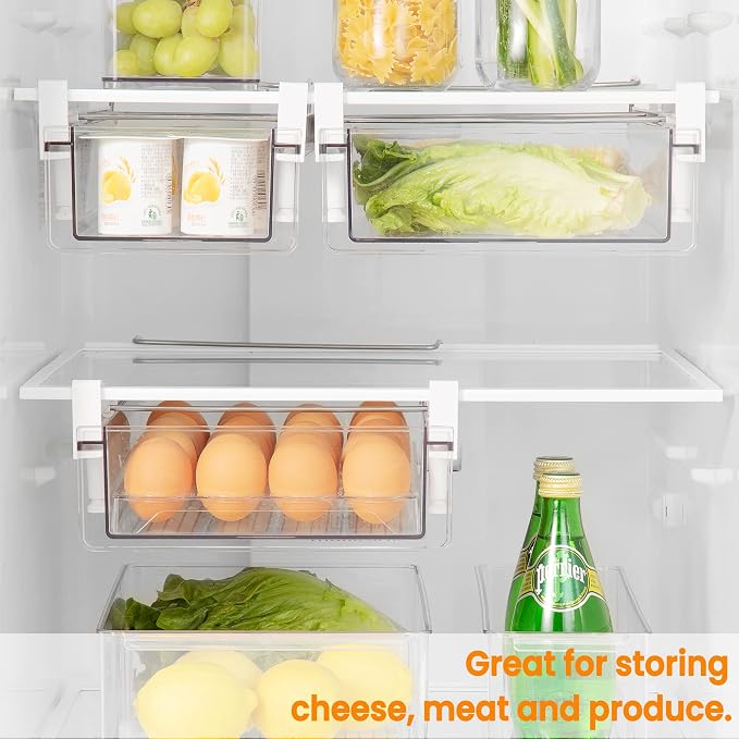 Fridge Organizer Drawer, Clear Plastic Fridge Organizer Bins, Add on Refrigerator Drawer,Fridge Storage Container Under Shelf Holder for Fruit, Vegetable, Meat, Cheese, Easy to Install-M - Image 3