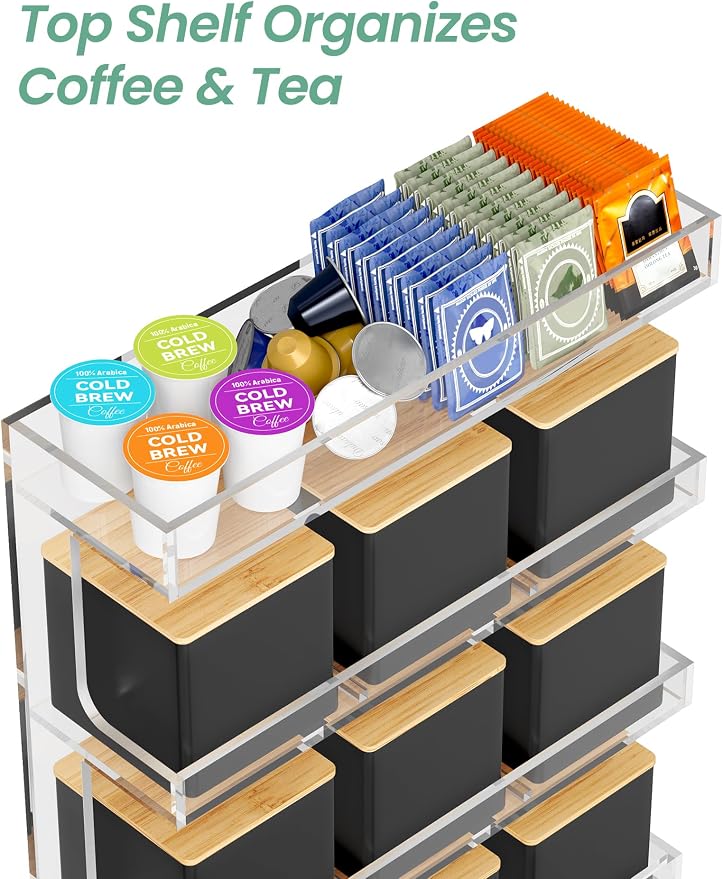 NiHome Tea Organizer Rack with 9 Airtight Canisters, Loose Leaf Storage | Dual Lids in Bamboo or Metal, Top Tray for Bags, Spices & Coffee, Labels & Marker Included for Kitchen Counter Display - Image 5