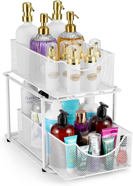 Sorbus 2 Tier Under Sink Bathroom Organizers and Storage, Strong Steel Mesh Sliding Drawers for Enhanced Bathroom Storage Ideal Bathroom Organization and Storage & Under Kitchen Sink Organizer (White) by Sorbus