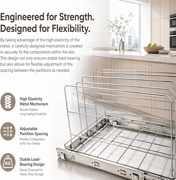 Pull Out Baking Pan Organizer for Cabinet, Cookie Sheet, Cutting Board, Tray Organizer for Cabinet, Adjustable, 22.5"D x11"H x 13"W, Pull/Slide Out Organizer-Heavy Duty, Chrome steel, 50-Year Warranty - Image 4