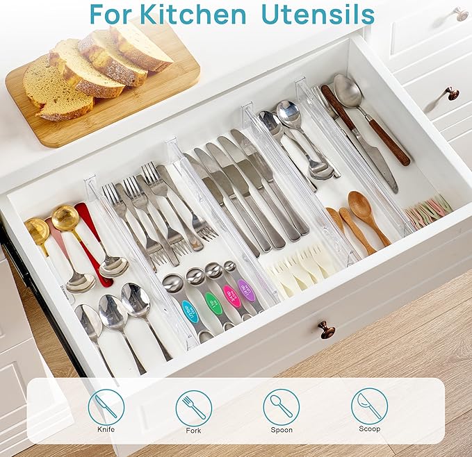 Vtopmart 12 Pack 2.36" Short Upgrade Drawer Dividers for Kitchen Drawer, 12.8"-22.3" Expandable Kitchen Drawer Organizer, Clear Plastic Organizer Separator for Flatware, Utensil, Cutlery, Underwear - Image 4