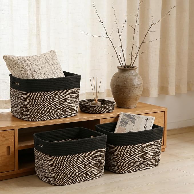 3 Pack Woven Baskets,Storage Baskets for Shelves with Handles | 13.5"×11"×9.5", Closet Baskets, Nursery Organizer for Toys Towels Books, Storage Bin for Living Room Bedroom (Black & Jute) - Image 4