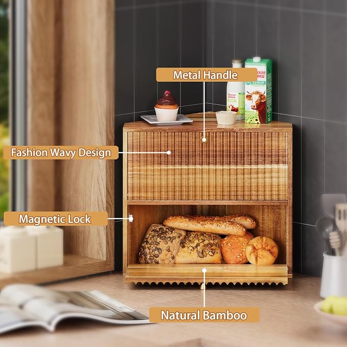Trironsun Acacia Corner Bread Box for Kitchen Countertop Wood Two Layer Large Capacity Bread Storage Bin Vintage Storage for Homemade Bread (Acacia Wood) - Image 7
