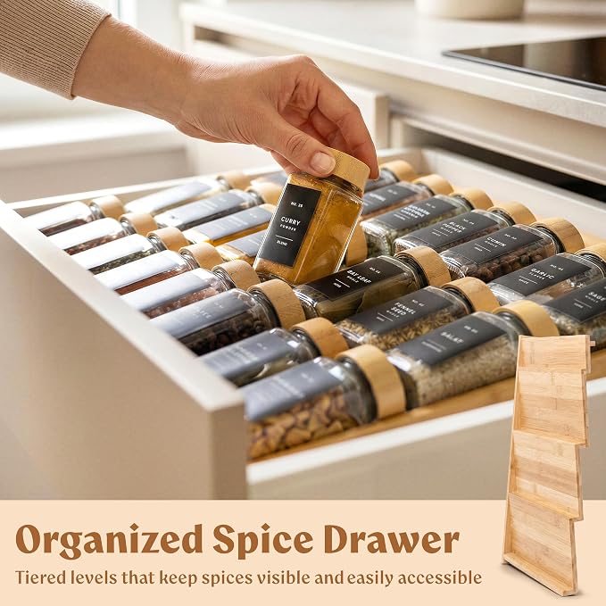 Bamboo Spice Drawer Organizer - Expandable 4 Tier Spice Rack (Need 3" Deep Drawer) 12" to 24" Wide, Seasoning Organizer, Organization Seasoning Rack insert (Jars Not Included) - Image 5