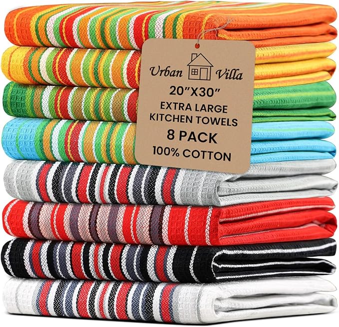 Urban Villa Kitchen Towels 100% Cotton Dish Towels for Kitchen(Set of 8)20”x30” Dish Cloths Highly Absorbent Kitchen Linen Set with Hanging Loop Perfect for Drying Dishes Cleaning Towels -Multicolor by CottonTrends