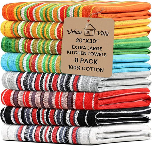Urban Villa Kitchen Towels 100% Cotton Dish Towels for Kitchen(Set of 8)20”x30” Dish Cloths Highly Absorbent Kitchen Linen Set with Hanging Loop Perfect for Drying Dishes Cleaning Towels -Multicolor by CottonTrends
