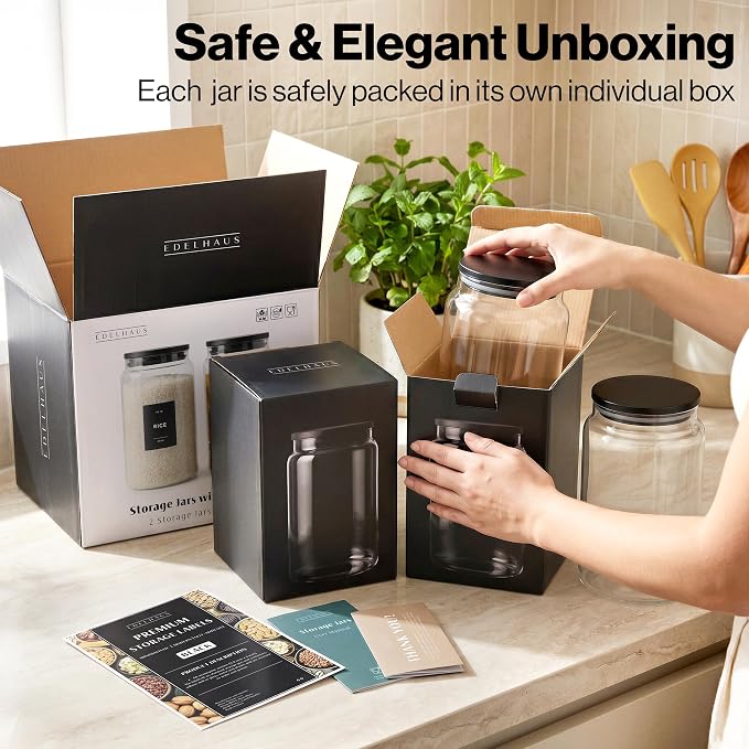 2x Large Glass Storage Containers with Airtight Black Lids [135oz/4000ml] | Extra Thick Glass Canisters for Pantry + 63 Labels | Flour Rice Cereal Sugar Coffee Beans Tea - Image 8
