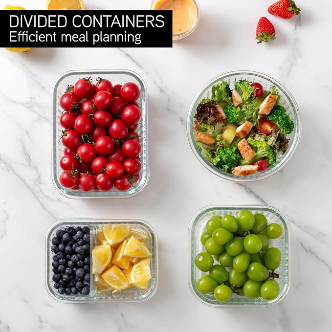 COOK WITH COLOR Premium 32-Pc. Borosilicate Glass Food Container Set with Dividers - 4 Rectangles, 8 Rounds, 4 Squares - Leakproof Lids - Meal Prep, Storage, Fluted Ombre Black - Image 5