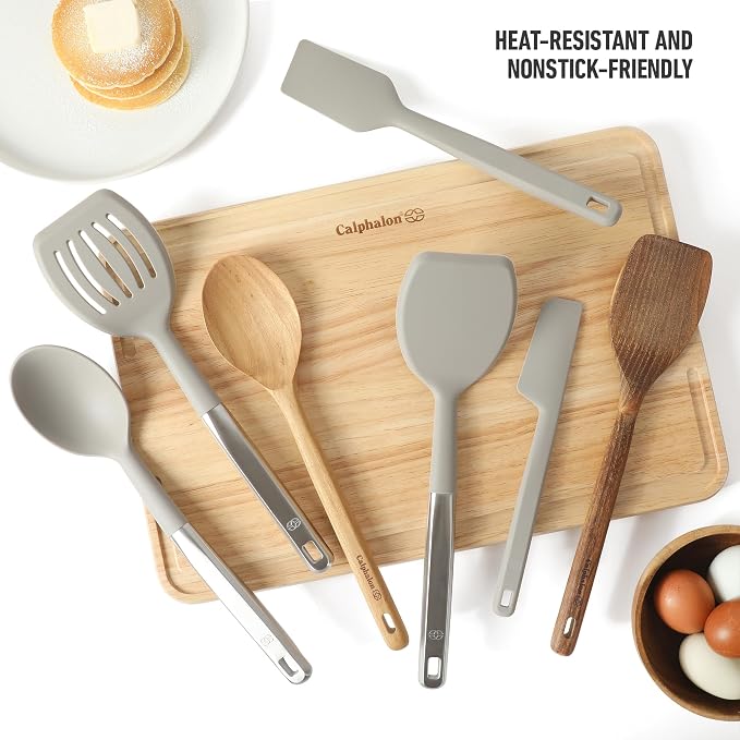Calphalon Prime 7-Piece Silicone and Teak Wood Kitchen Tool Set, Stainless Steel Kitchen Utensil Set, Kitchen Spoon And Spatula Set, Heat Resistant Non-Slip Kitchen Gadgets Set - Taupe - Image 3