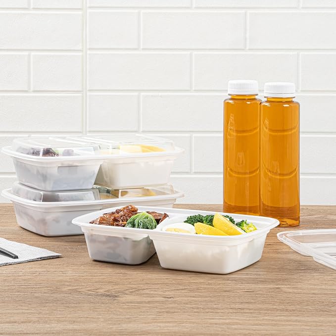 Asporto 32 Ounce Compartment Take Out Boxes, 50 Microwavable Meal Prep Containers - 2 Compartments, With Clear Plastic Lids, White Plastic Food Containers, Do Not Contain BPA - Restaurantware - Image 4